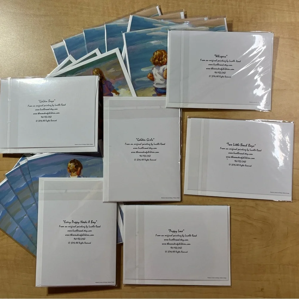 25 new in sealed plastic blank greeting cards, children on the beach painting